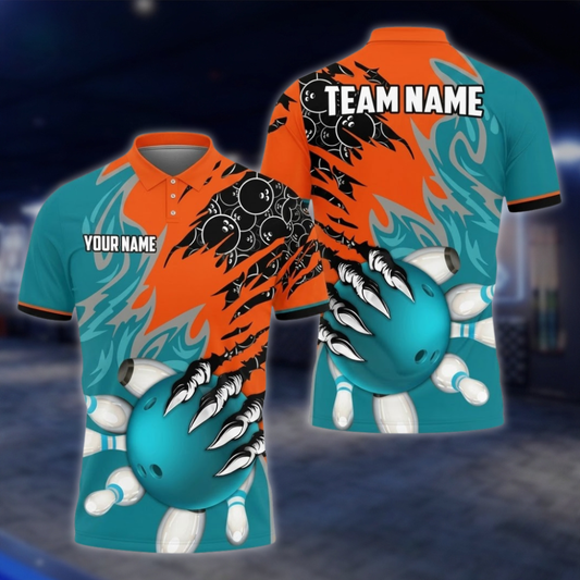 Personalized Team Orange Blue Grunge Bowling Polo Shirt, Custom Bowling Shirt For Men BZ0855