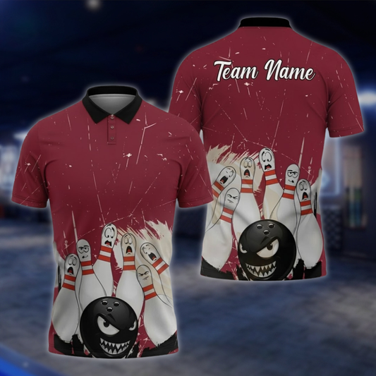 Angry Ball And Scary Pins Personalized Mens Bowling Polo Shirt, Custom Team Bowling Shirts BZ0854
