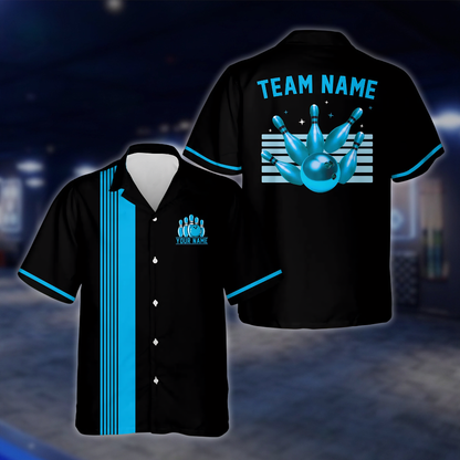 Personalized Vinatge Team Neon Blue Black Bowling Hawaiian Shirt, Custom Bowling Shirts BE0252