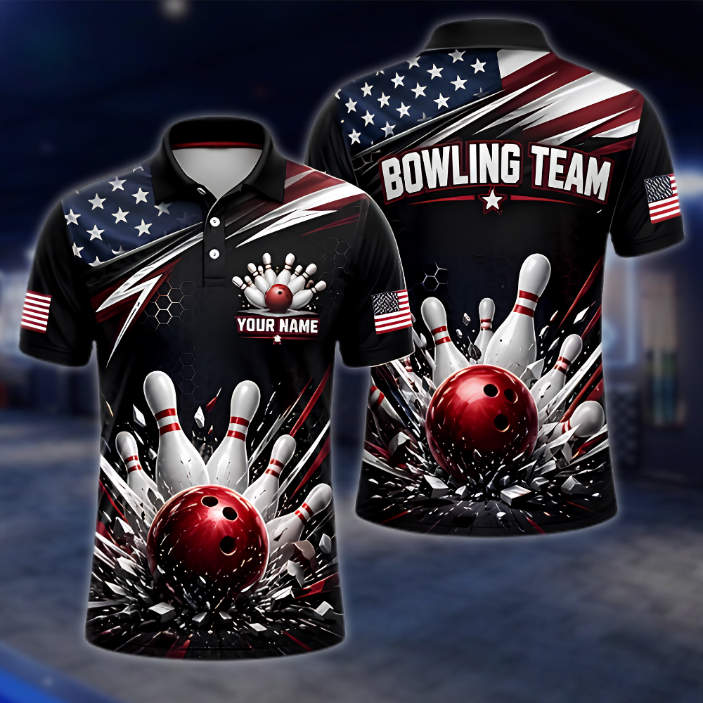 Personalized American Flag Bowling Polo Shirt Mens, Custom Patriotic Bowling Team Shirt BZ0869