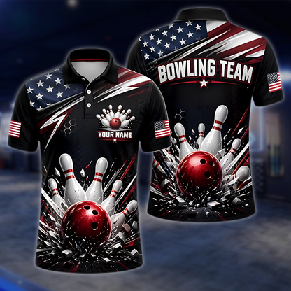 Personalized American Flag Bowling Polo Shirt Mens, Custom Patriotic Bowling Team Shirt BZ0869