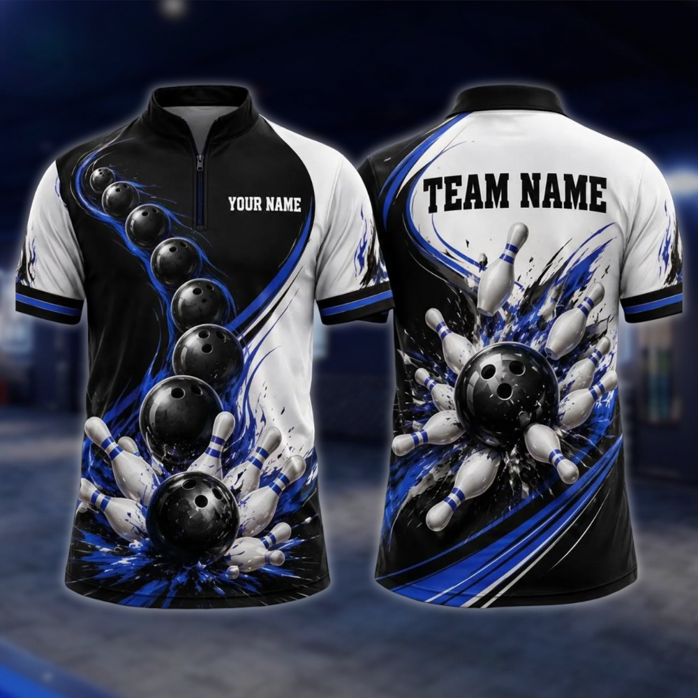 Personalized Team Blue Splash Bowling Jersey, Mens Custom Bowling Shirt BE0242