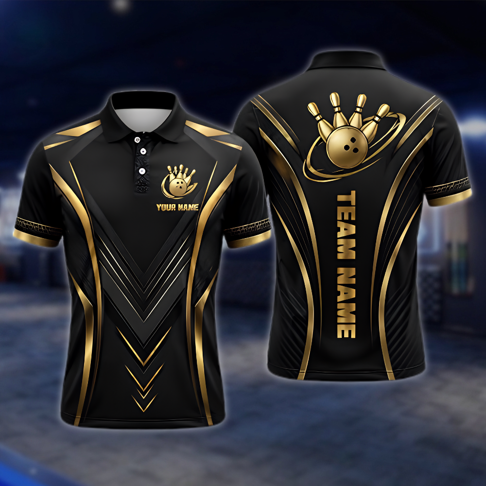 Personalized Team Golden Black Bowling Polo Shirt, Men's Custom Bowling Shirt BZ0965