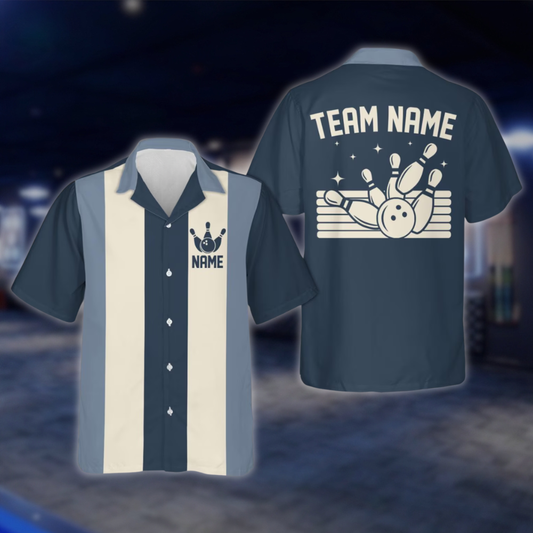 Personalized Blue Retro Bowling Hawaiian Shirt Men, Custom Retro Bowling Shirt For Team BE0219