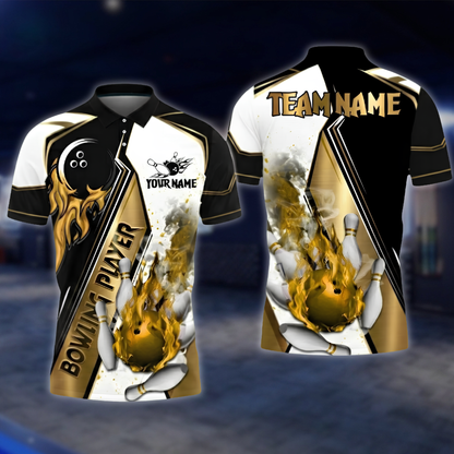 Personalized Flaming Ball Bowling Mens Polo Shirt, Black And Gold Custom Flame Bowling Team Shirt BZ0809