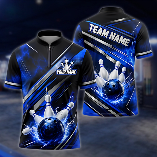 Personalized Black Blue Lightning Bowling Team Jersey, Custom Mens Bowling Shirt BZ0947