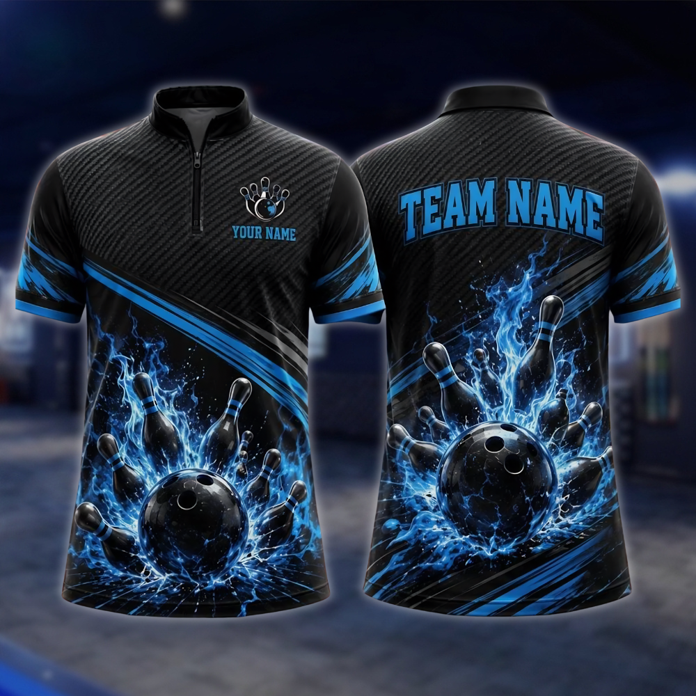 Personalized Blue Flame Lightning Bowling Jersey For Men, Custom Flame Bowling Team Shirt BE0257