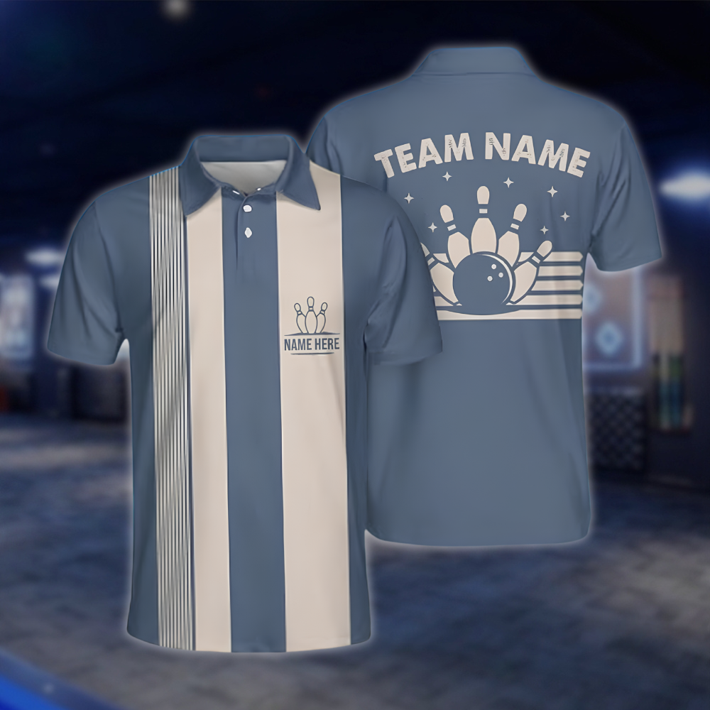 Personalized Blue Vintage Bowling Polo Shirt For Men, Custom Vintage Bowling Shirt For Team BZ0907