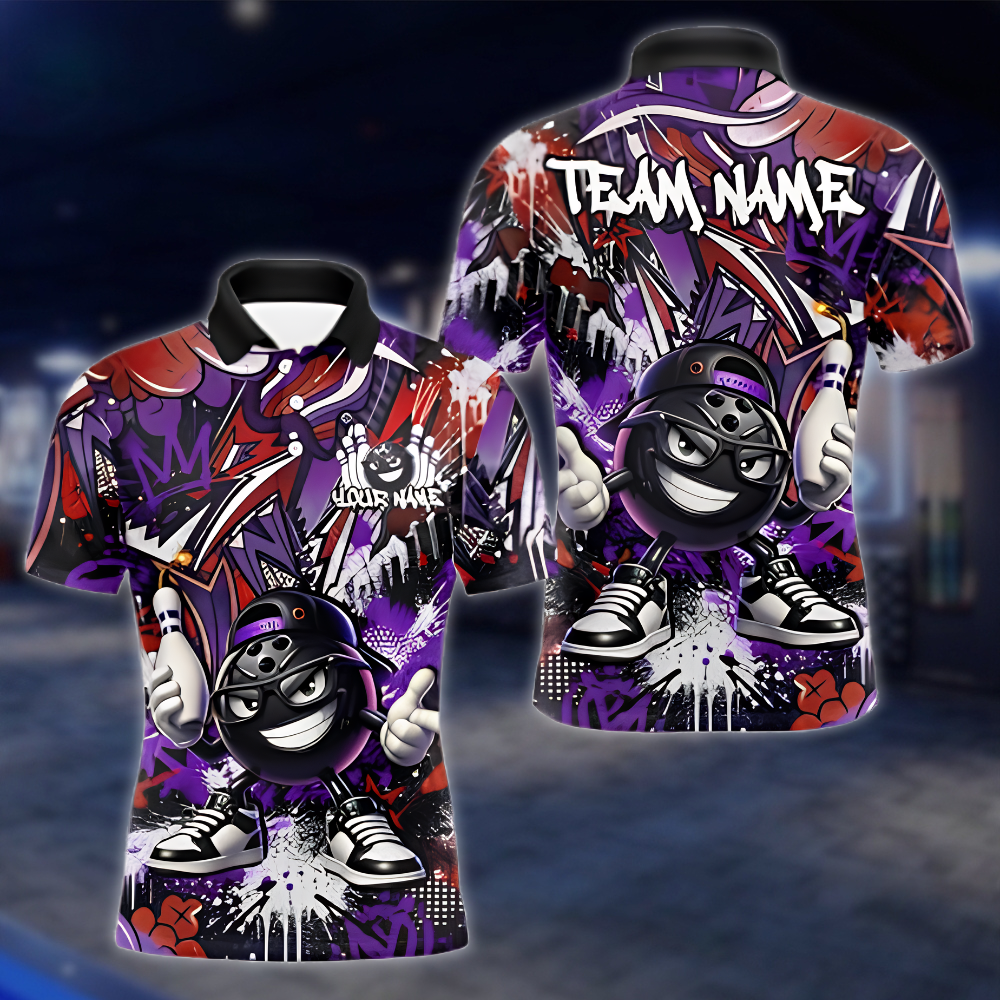 Funny Ball Personalized Graffiti Mens Bowling Polo Shirt, Custom Team Bowling Shirt BZ0914