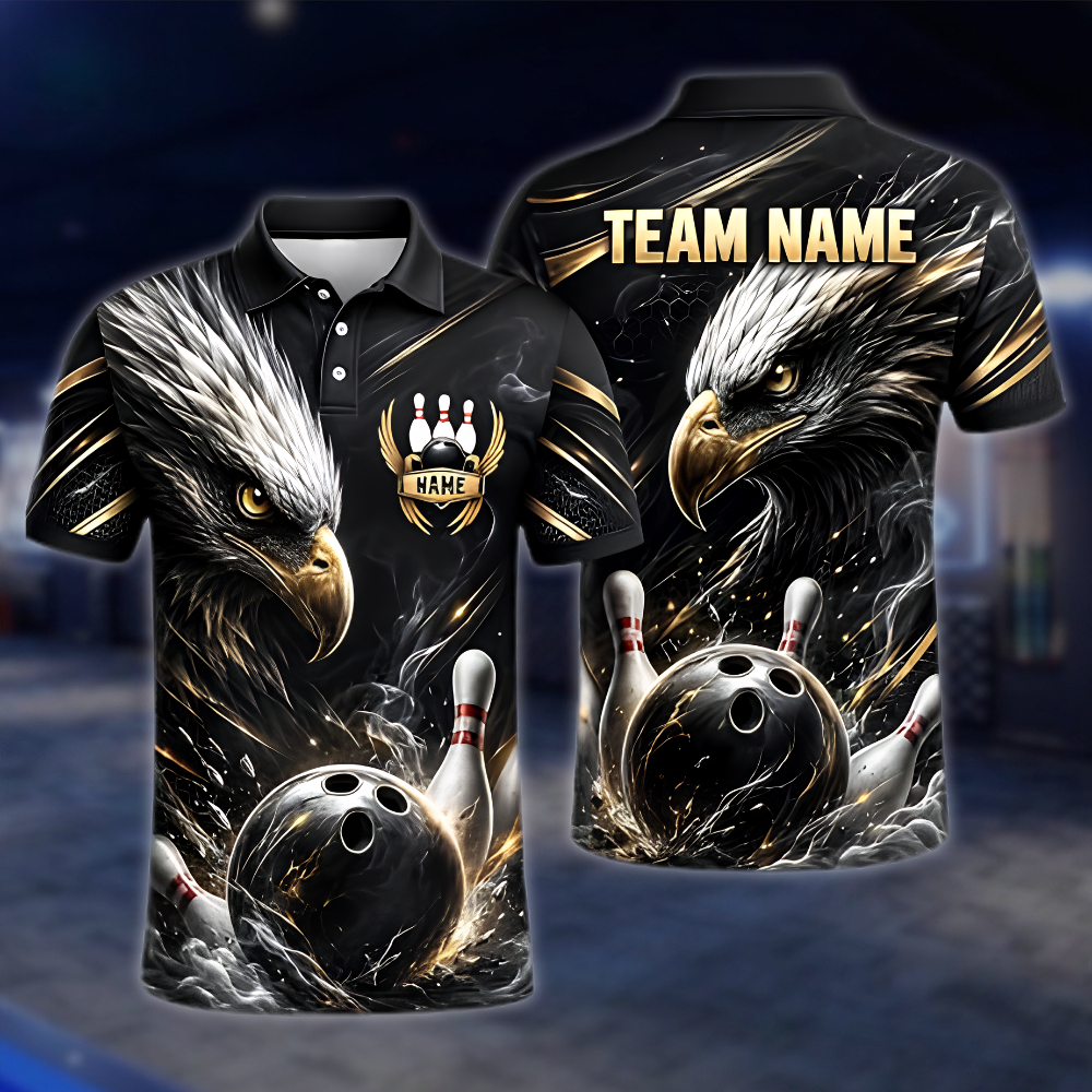 Personalized Eagle Golf Black Men's Bowling Polo Shirt, Custom Eagle Bowling Shirt For Team BZ0871