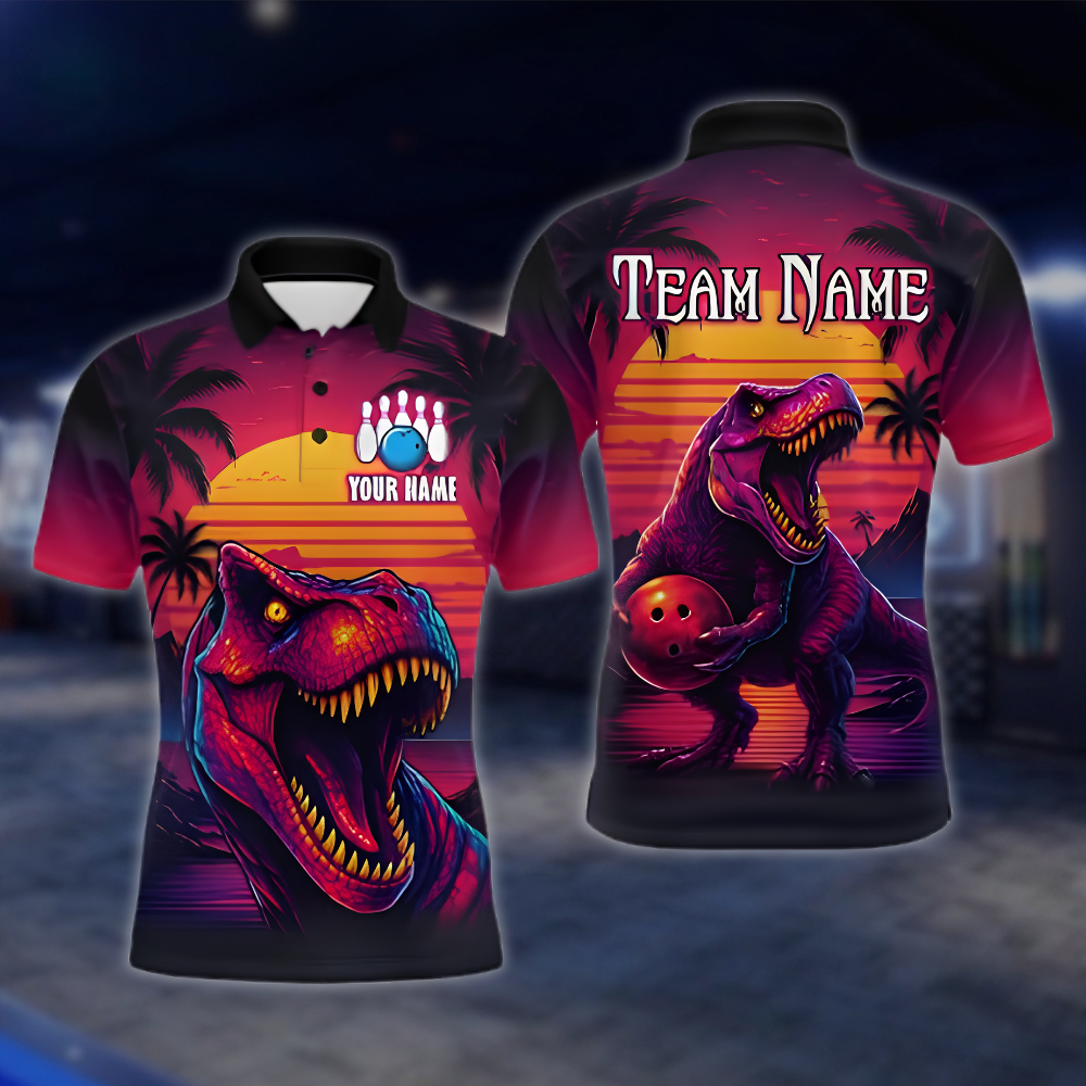 Personalized Sunset Dinosaur Bowling Polo Shirt Mens, Custom Team Dinosaur Bowling Shirt BZ0879