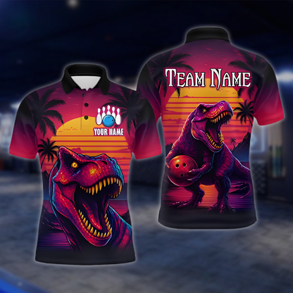 Personalized Sunset Dinosaur Bowling Polo Shirt Mens, Custom Team Dinosaur Bowling Shirt BZ0879