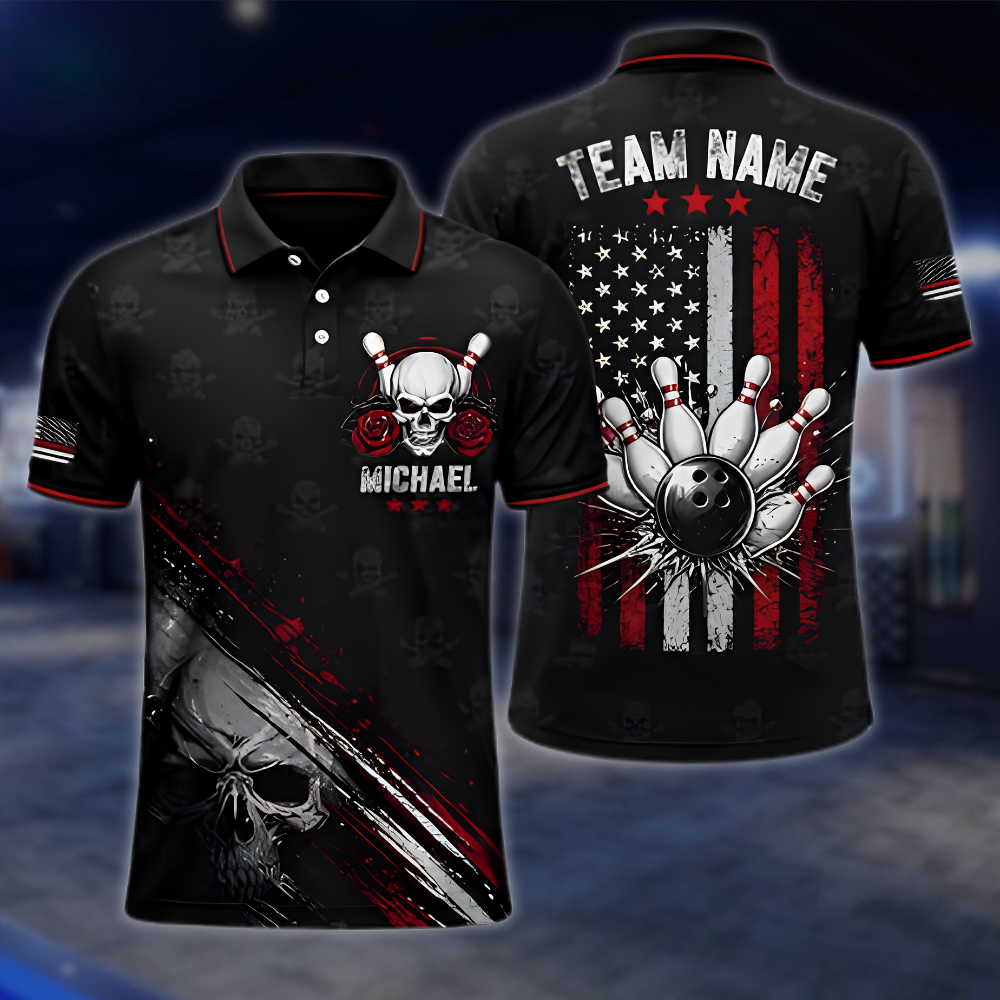 Personalized Skull USA Flag Mens Bowling Polo Shirt Black Red, Custom Skull Bowling Shirt Team BZ0953