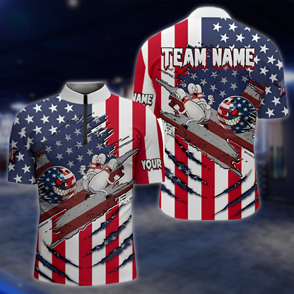 Personalized USA Flag Funny Pins And Ball Bowling Jersey, Men's Custom Patirotic Bowling Team Shirt BZ0900