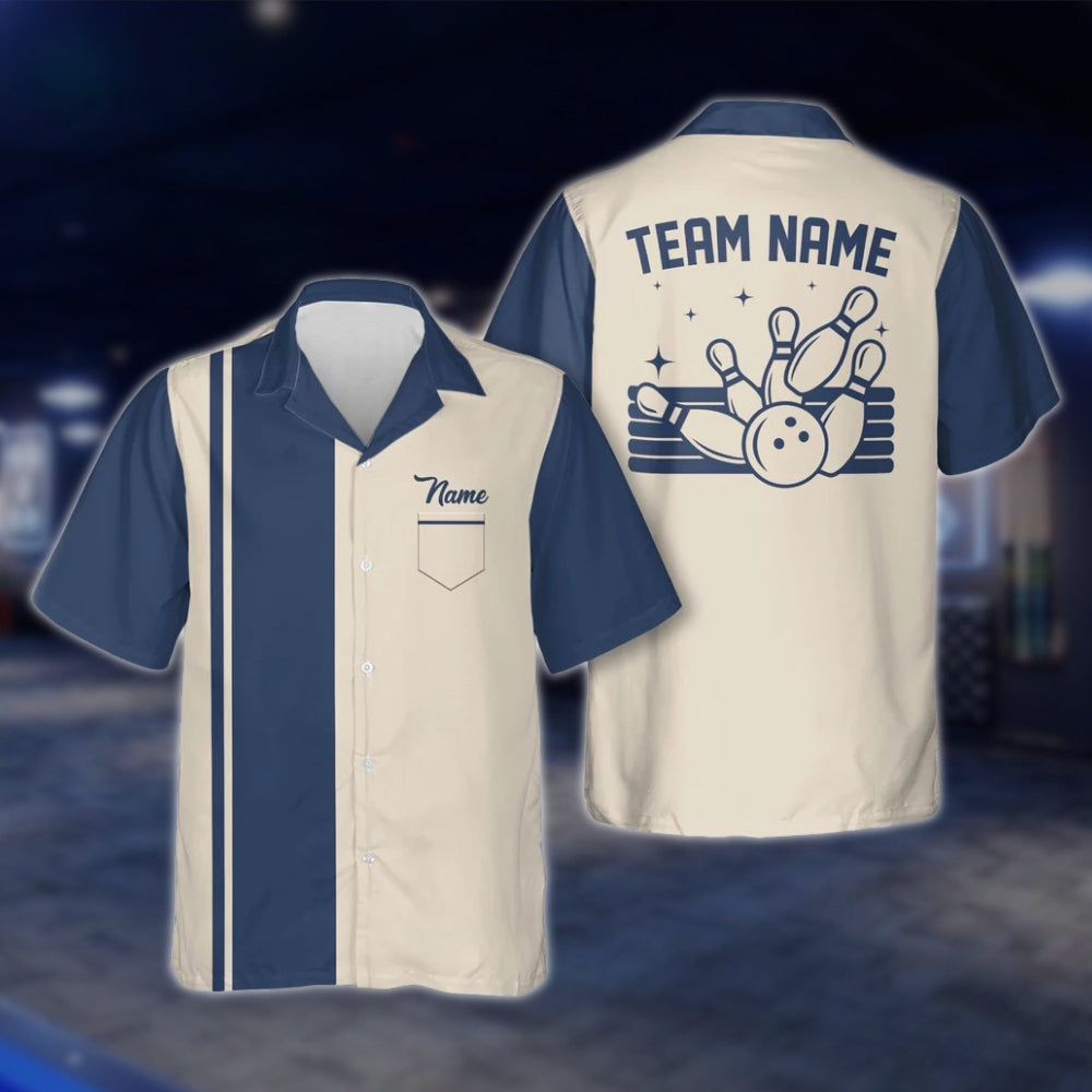 Custom Vintage Blue Beige Bowling Hawaiian Shirt For Men Women, Custom Vintage Bowling Team Shirts BE0008