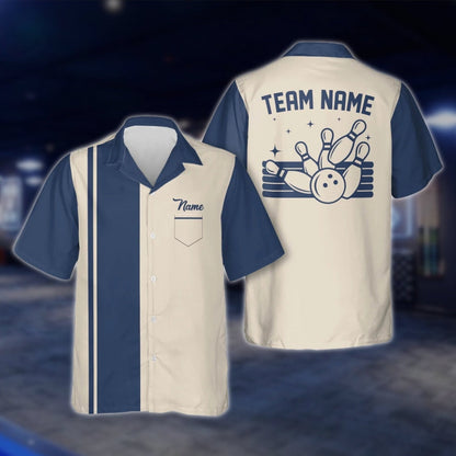Custom Vintage Blue Beige Bowling Hawaiian Shirt For Men Women, Custom Vintage Bowling Team Shirts BE0008