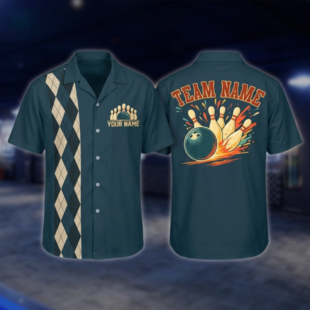Personalized Argyle Navy Retro Bowling Hawaiian Shirt For Men, Custom Retro Bowling Shirt For Team BZ0797