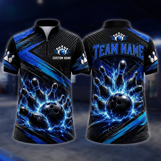 Personalized Blue Lighting Bowling Team Jersey For Men, Custom Bowling Shirts BE0256