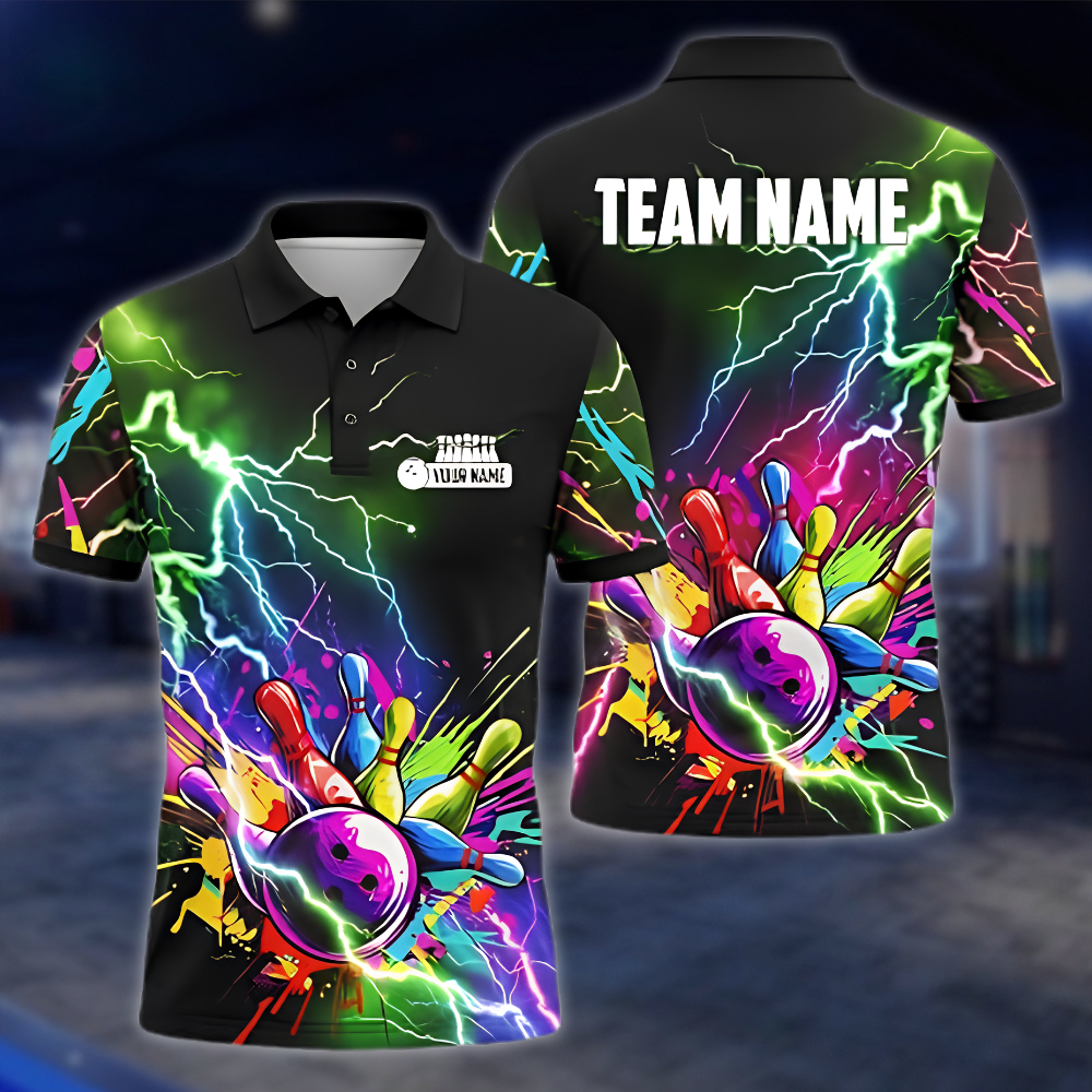 Personalized Thunder Multicolor Bowling Polo Shirt For Men, Custom Bowling Team Shirt BZ0873