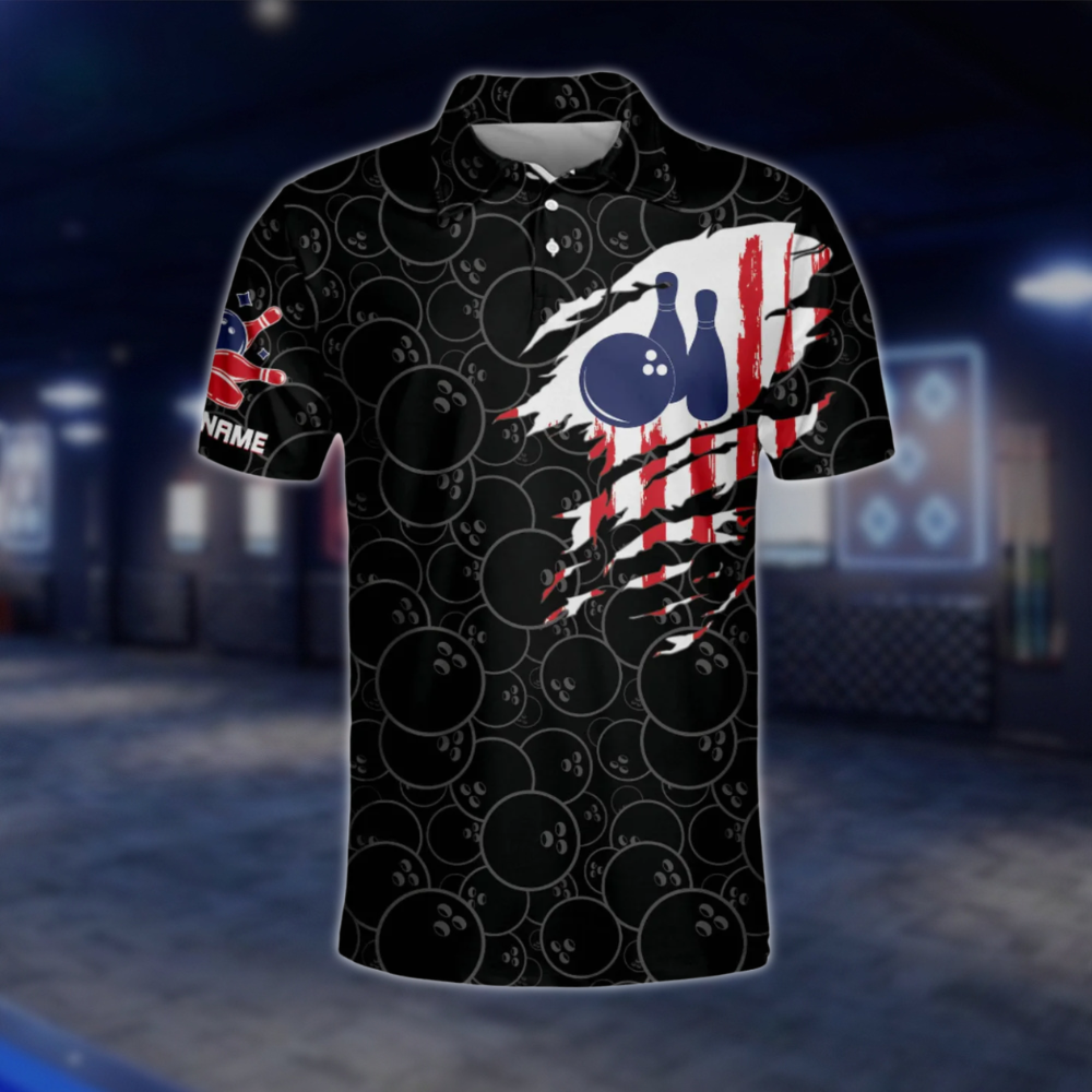 Make Bowling Great Again Custom USA Flag Black Bowling Polo Shirt For Mens, Custom Patriotic Bowling Shirts BM0085