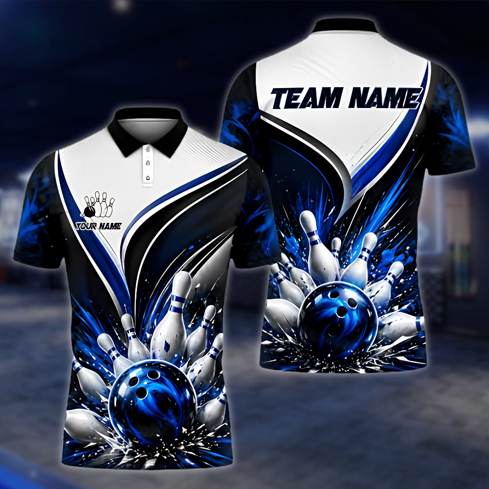 Personalized Team Bowling Mens Polo Shirt White Blue Black, Custom Bowling Team Shirts BZ0969