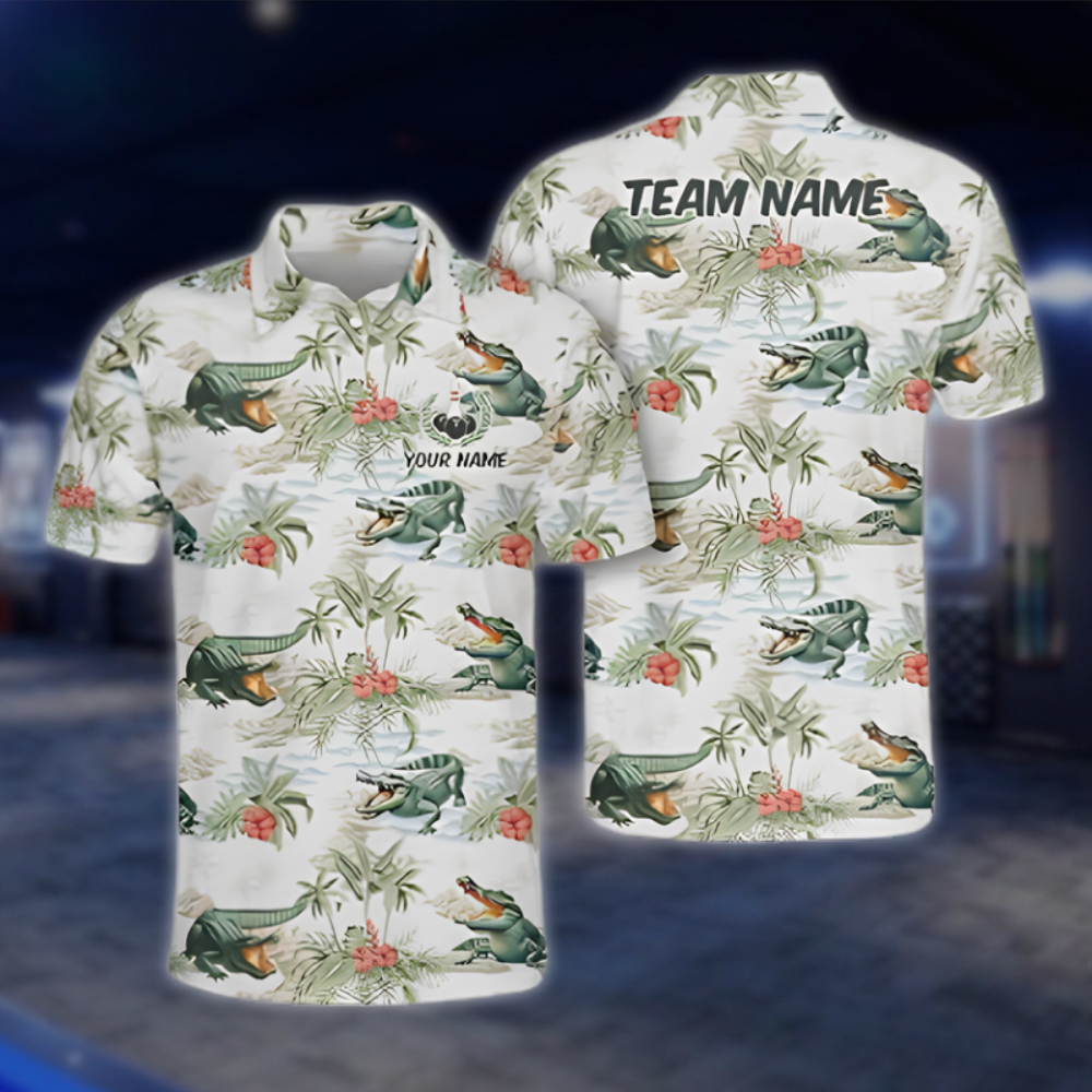 Personalized Mens Alligator Tropical Bowling Polo Shirt, Custom Alligator Team Bowling Shirts BZ0959