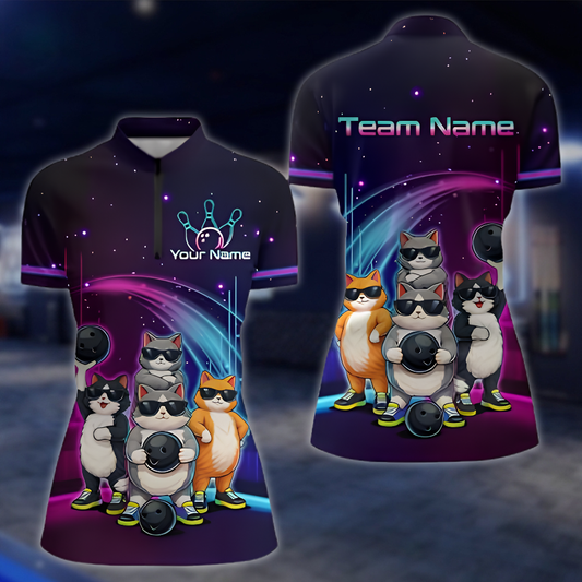 Personalized Womens Funny Cat Bowling Jersey, Custom Cat Bowling Team Shirt Ladies BZ0912
