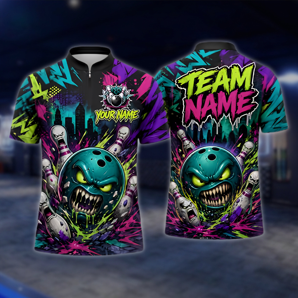 Personalized Graffiti Angry Ball And Pins Bowling Jersey For Men, Custom Team Bowling Shirt BZ0917