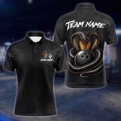 Personalized Mens Cobra Snake Black Bowling Polo Shirt, Custom Snake Team Bowling Shirts BZ0886