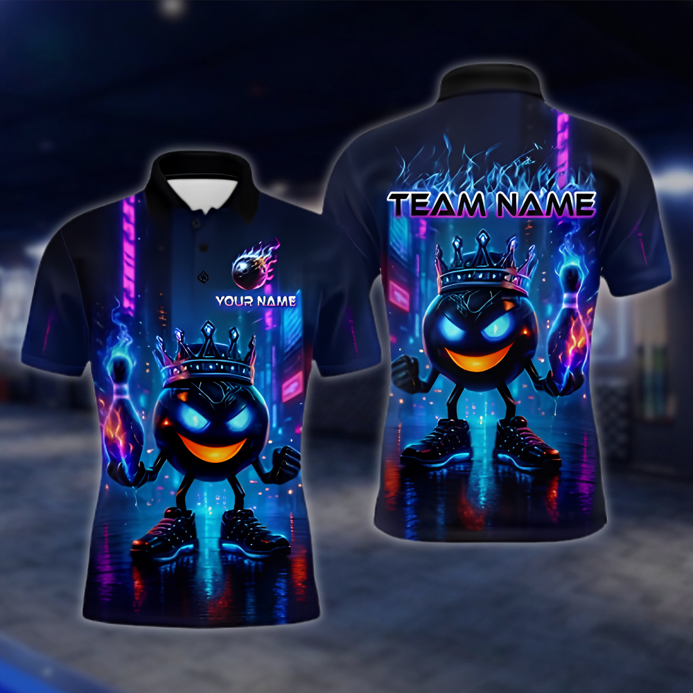 Personalized King Ball Flame Bowling Polo Shirt For Men, Custom Flame Bowling Team Shirt Neon BZ0881