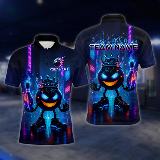 Personalized King Ball Flame Bowling Polo Shirt For Men, Custom Flame Bowling Team Shirt Neon BZ0881
