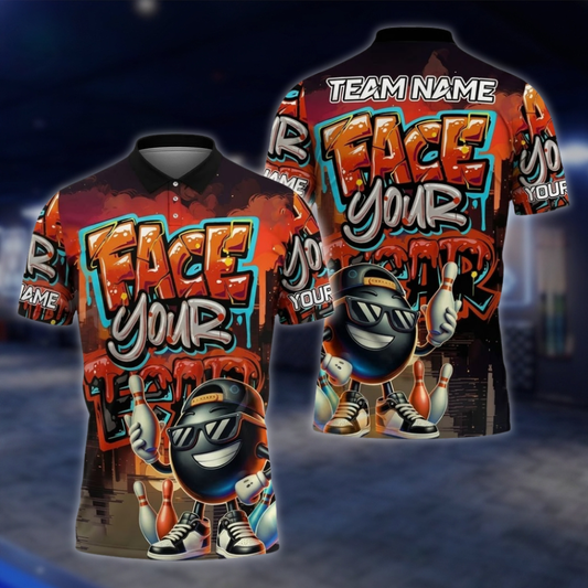 Face Your Fear Personalized Fun Ball Bowling Polo Shirt Men, Custom Funny Team Bowling Shirt Graffiti BZ0859