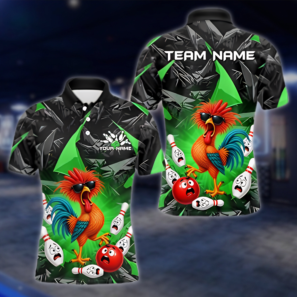 Personalized Funny Chicken Mens Bowling Polo Shirt, Custom Chicken Bowling Team Shirts BZ0951