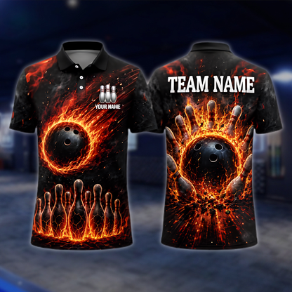 Personalized Fire Magma Bowling Mens Polo Shirt, Custom Flame Bowling Shirt Team BZ0966