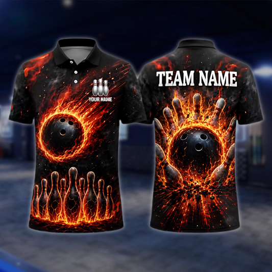 Personalized Fire Magma Bowling Mens Polo Shirt, Custom Flame Bowling Shirt Team BZ0966