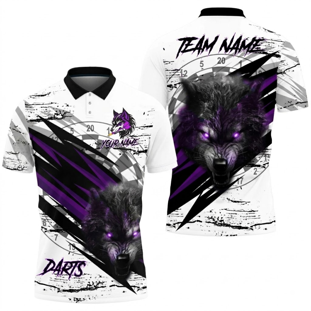 Mens Wolf Purple and White Personalized Darts Button Polo