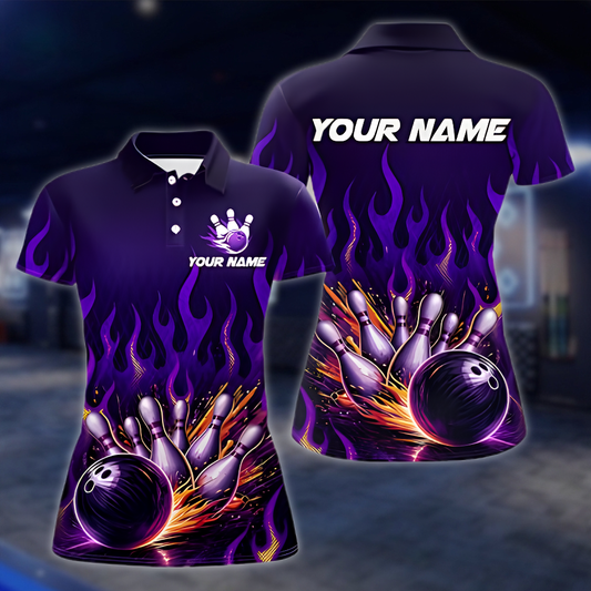 Personalized Flame Women's Bowling Polo Shirt Purple, Custom Flame Team Bowling Shirt For Women BZ0913