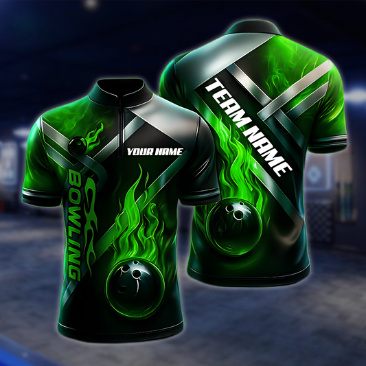 Personalized Flame Ball Green Black Bowling Jersey Men, Custom Flame Bowling Shirt Team BZ0964