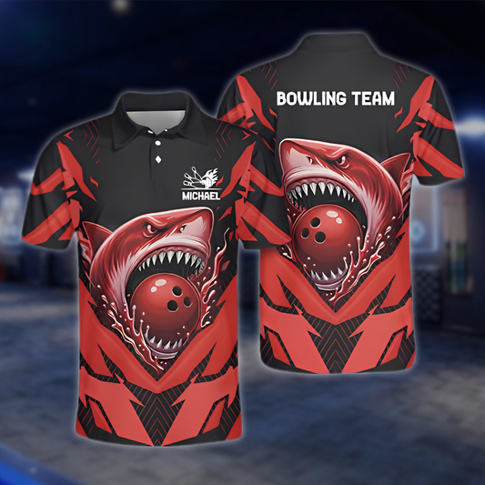 Personalized Shark Bowling Mens Polo Shirt Red Black, Custom Shark Bowling Team Shirt BZ0960