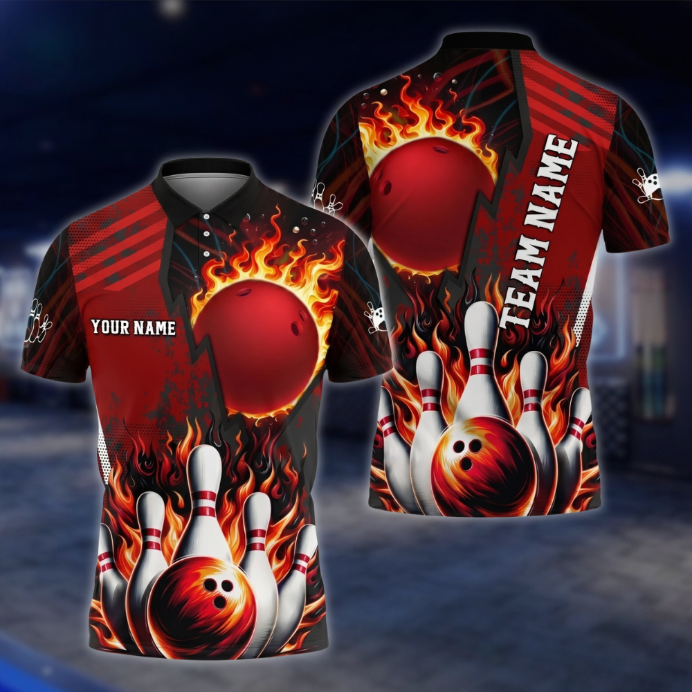 Personalized Fire Ball Red Bowling Polo Shirt For Men, Custom Team Flame Bowling Shirts BZ0812