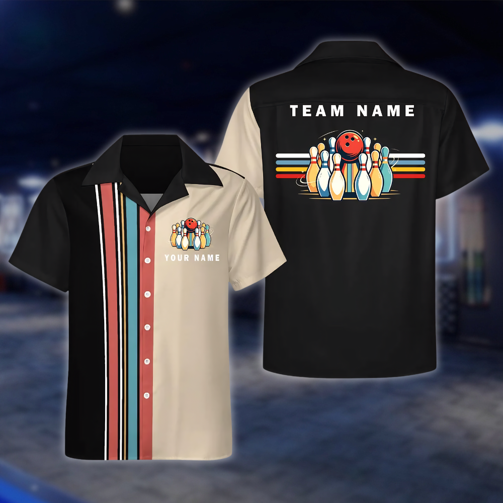 Personalized Retro Black Beige Bowling Hawaiian Shirt, Custom Retro Team Bowling Shirt BE0251