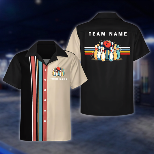Personalized Retro Black Beige Bowling Hawaiian Shirt, Custom Retro Team Bowling Shirt BE0251