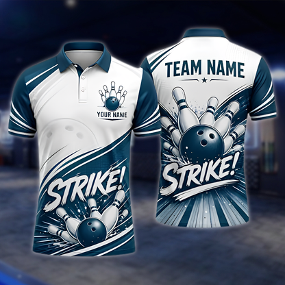 Personalized White Blue Strike Bowling Team Polo Shirt, Custom Men Bowling Shirt BZ0971