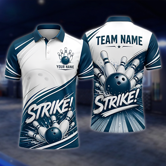 Personalized White Blue Strike Bowling Team Polo Shirt, Custom Men Bowling Shirt BZ0971