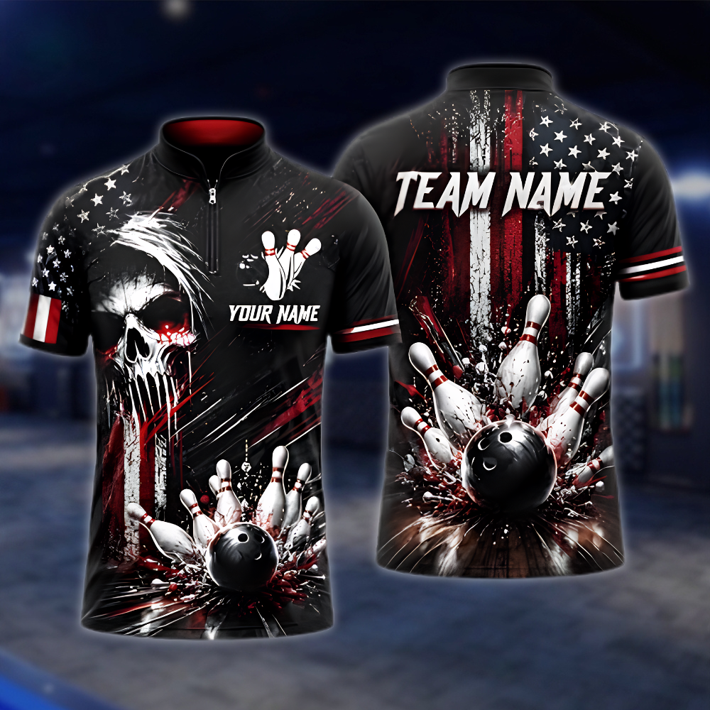 Personalized Skull American Flag Bowling Mens Jersey, Custom Skull Bowling Team Shirt BZ0954
