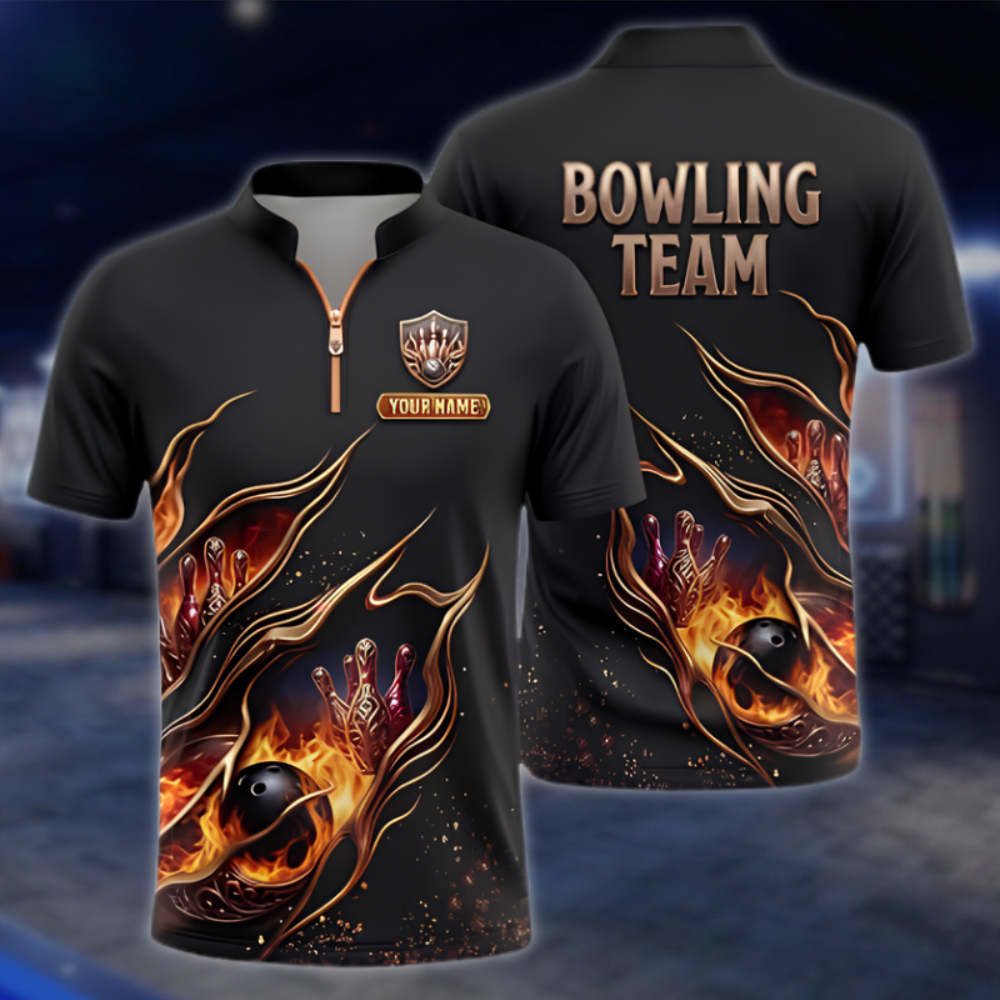 Personalized Fire Black Gold Bowling Jersey For Men, Custom Flame Bowling Team Shirt BZ0949