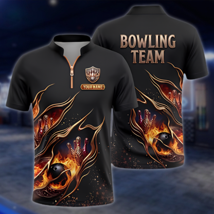 Personalized Fire Black Gold Bowling Jersey For Men, Custom Flame Bowling Team Shirt BZ0949