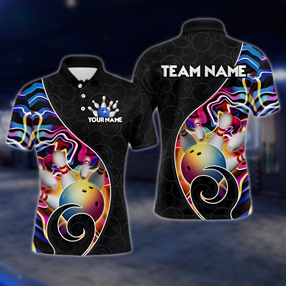 Personalized Team Multicolor Wave Bowling Polo Shirt, Men's Custom Bowling Shirt BZ0902