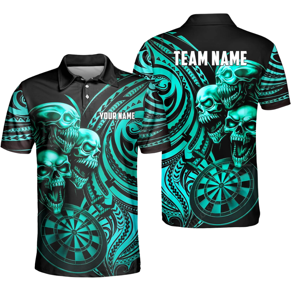Skeleton Black and Cyan Mens Personalized Darts Button Polo