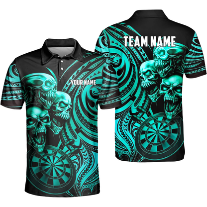 Skeleton Black and Cyan Mens Personalized Darts Button Polo